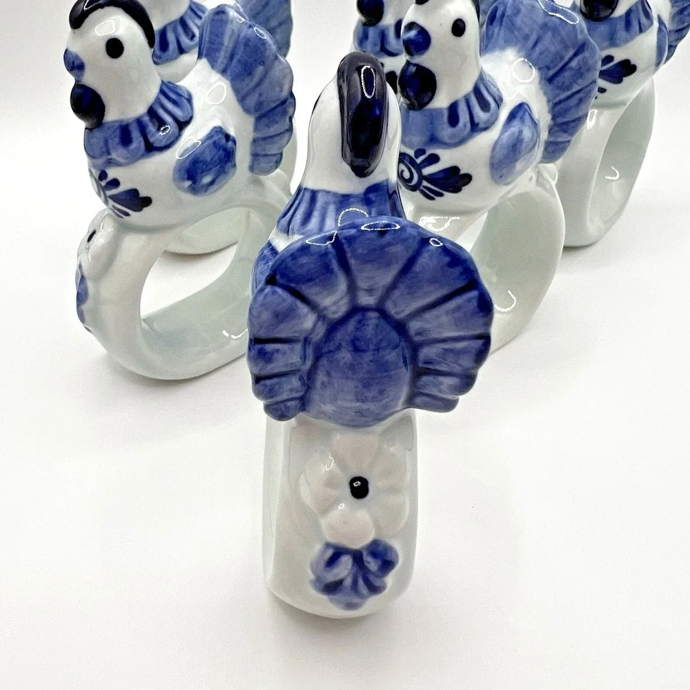 Hen Blue Ceramic Napkin Rings Farmhouse Cottagecore Chicken Vintage Set of 6